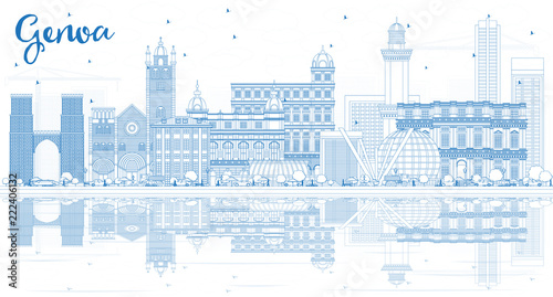 Obraz na plátne Outline Genoa Italy City Skyline with Blue Buildings and Reflections
