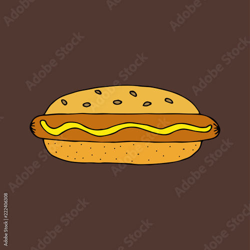 Hot dog. Colorful hand drawn vector illustration isolated on brown background. doodles cartoon style.