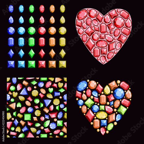 A set of multi-colored gems. Contains precious stones of different shapes, a seamless pattern and hearts of diamonds. Vector..