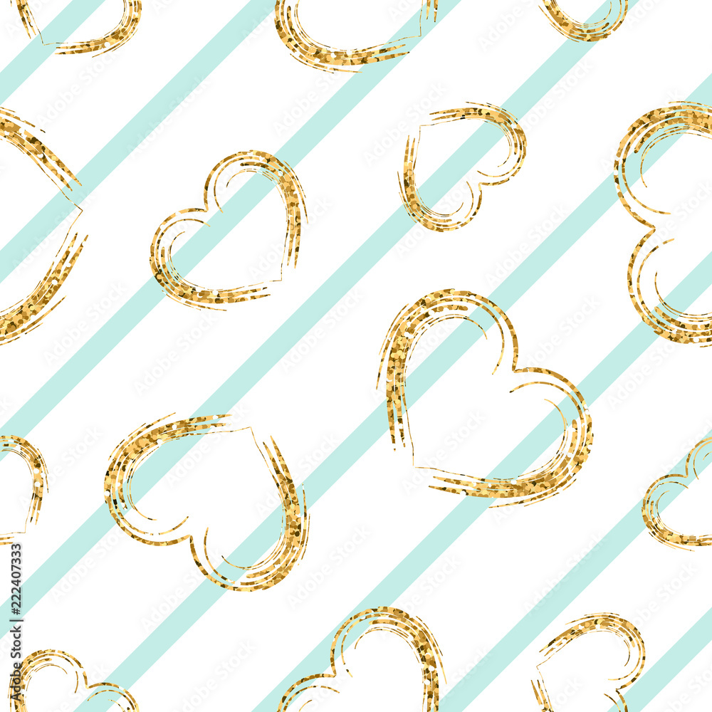 Gold heart seamless pattern. Blue-white geometric stripes, golden grunge confetti-hearts. Symbol of love, Valentine day holiday. Design wallpaper, background, fabric texture. Vector illustration