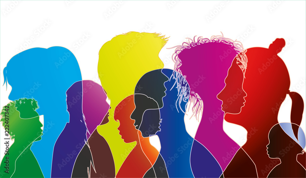 Vector silhouette of multiracial people of different ages. Group of people different nationalities. Multiple exposure
