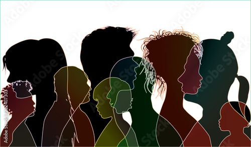 Vector black silhouette of multiracial people of different ages. Group of people different nationalities. Multiple exposure