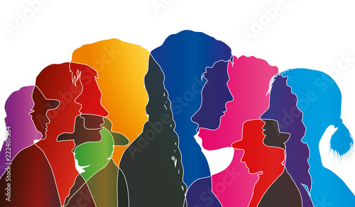 Vector talking crowd isolated. Dialogue between people. Colored silhouette profiles. Multiple exposure 