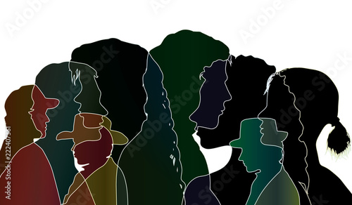 Vector talking crowd. Dialogue between people. Silhouette black profiles. Multiple exposure