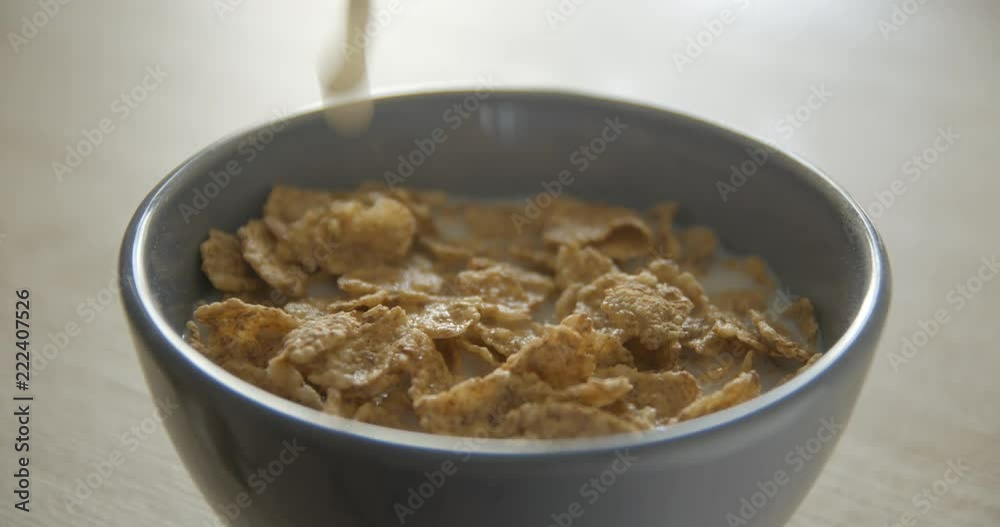 Cereals and milk pouring slow motion, 4K DCI PRORES HQ Cereals and milk pouring slow motion, 4K DCI PRORES HQ