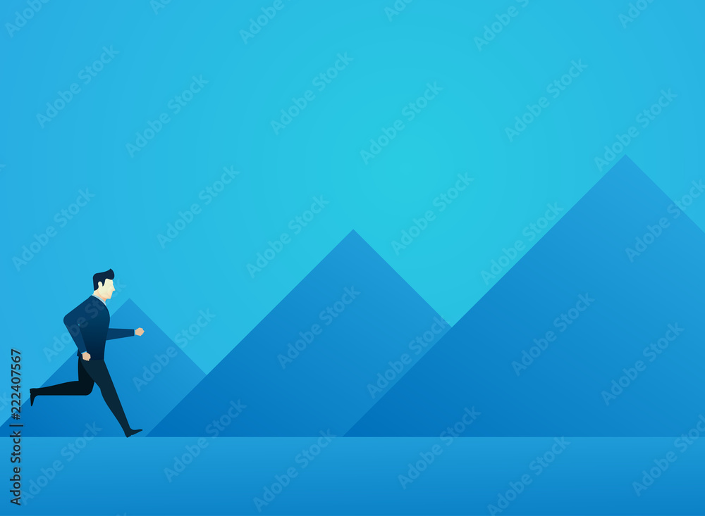 Business man concept of people run to goal with mountain background finance