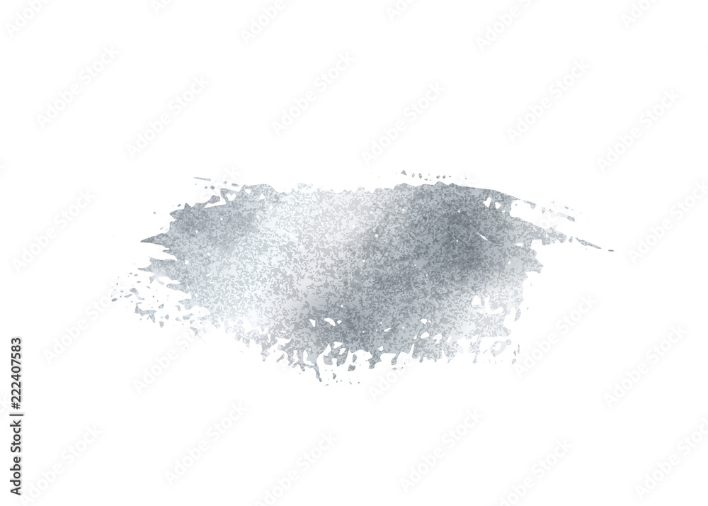 Silver glitter foil brush stroke vector. Argent paint smear background isolated on white. Glow metal pattern.