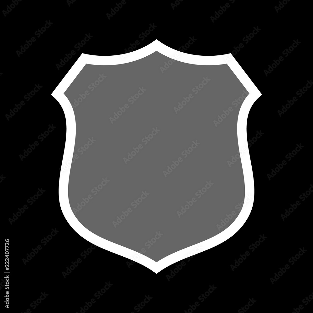 Shield shape icon. Gray label sign, isolated on black background. Symbol of protection, arms, security, safety. Flat retro style design. Element vintage heraldic emblem Vector illustration Shield shape icon. Gray label sign, isolated on black background. Symbol of protection, arms, security, safety. Flat retro style design. Element vintage heraldic emblem Vector illustration