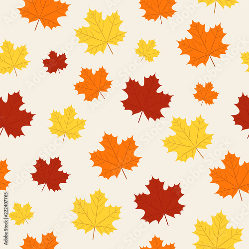 Autumn pattern. Vector. Seamless fall maple leaves on beige background. Season wallpaper. Colorful cartoon illustration in flat design.