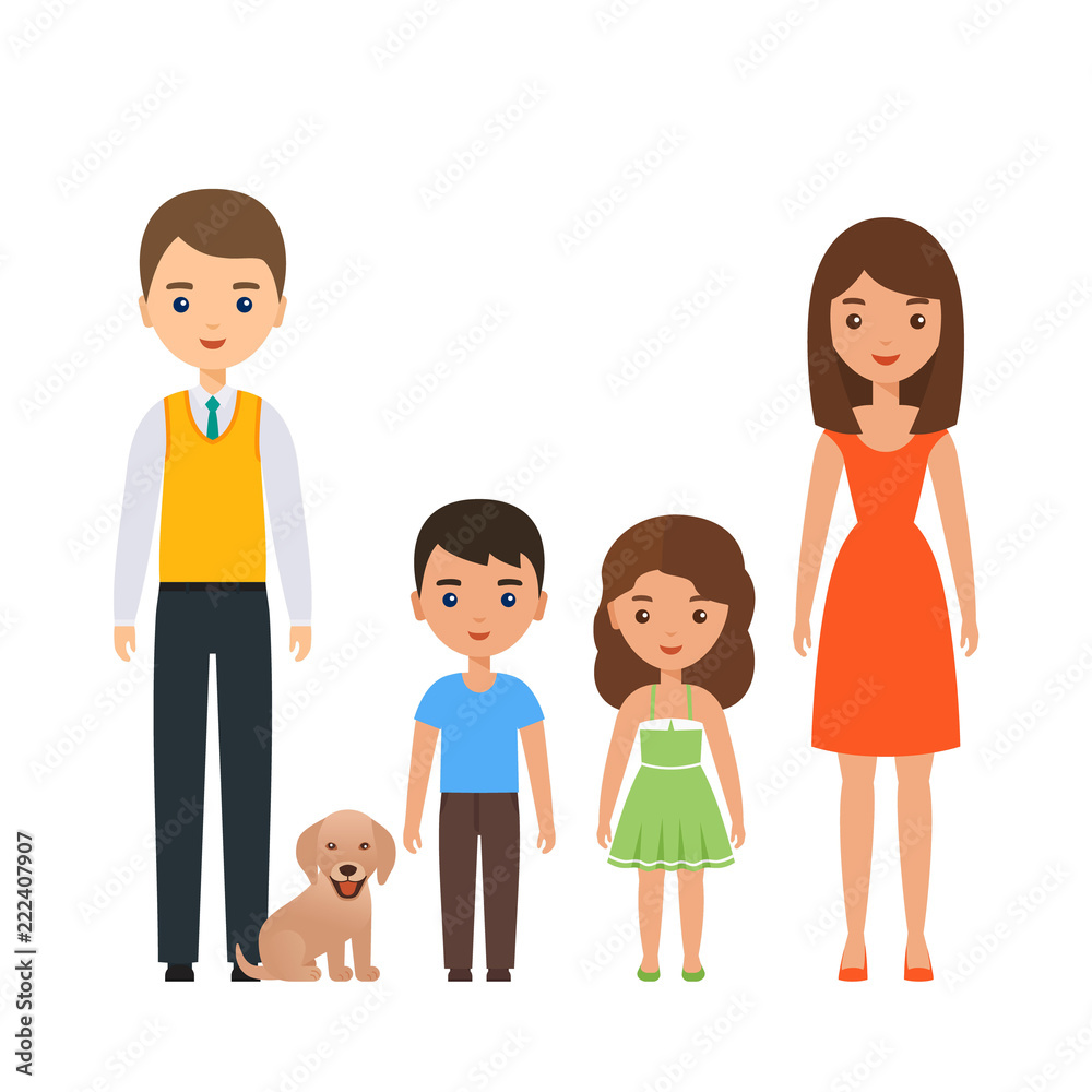 Family standing together. Vector. Couple characters with children. Portrait parents with son, daughter, dog. Cartoon young adult people mother, father, kids in flat design isolated on white background