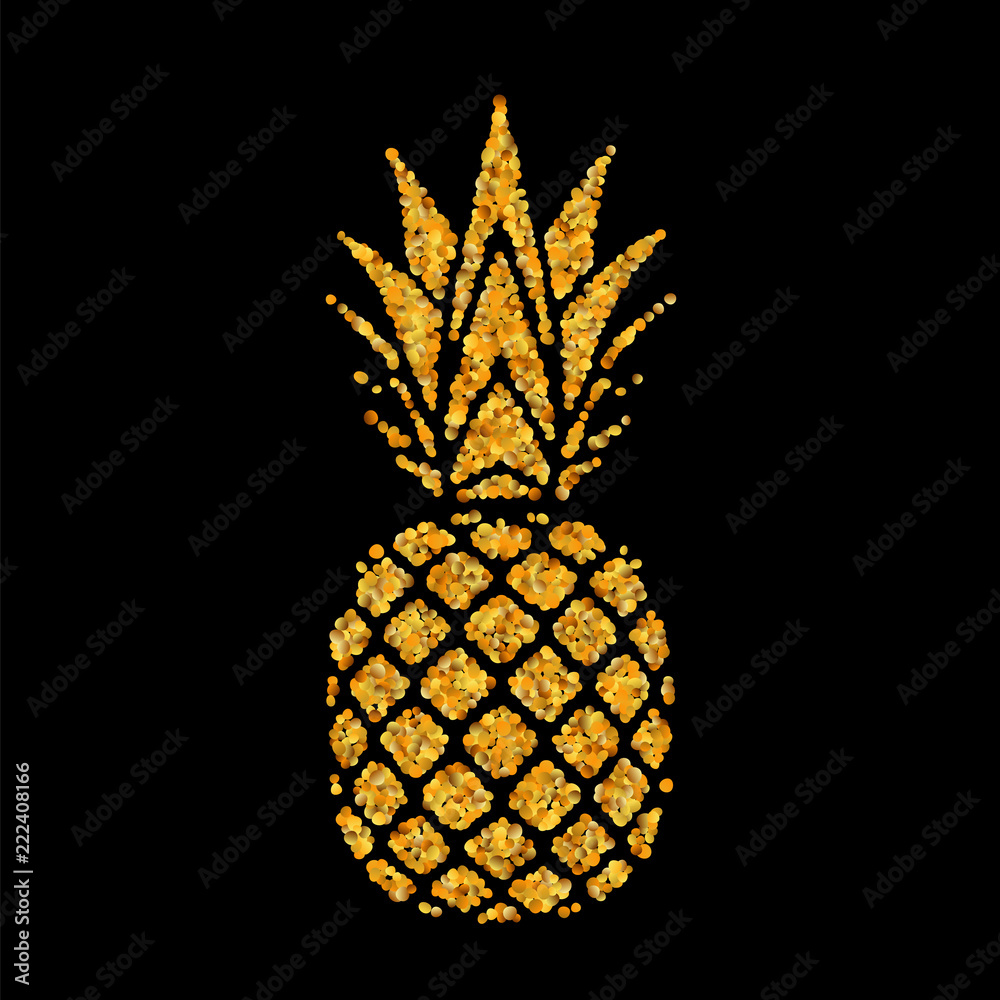 Blue Pineapple with Gold Leaves on Black Background Stock Image