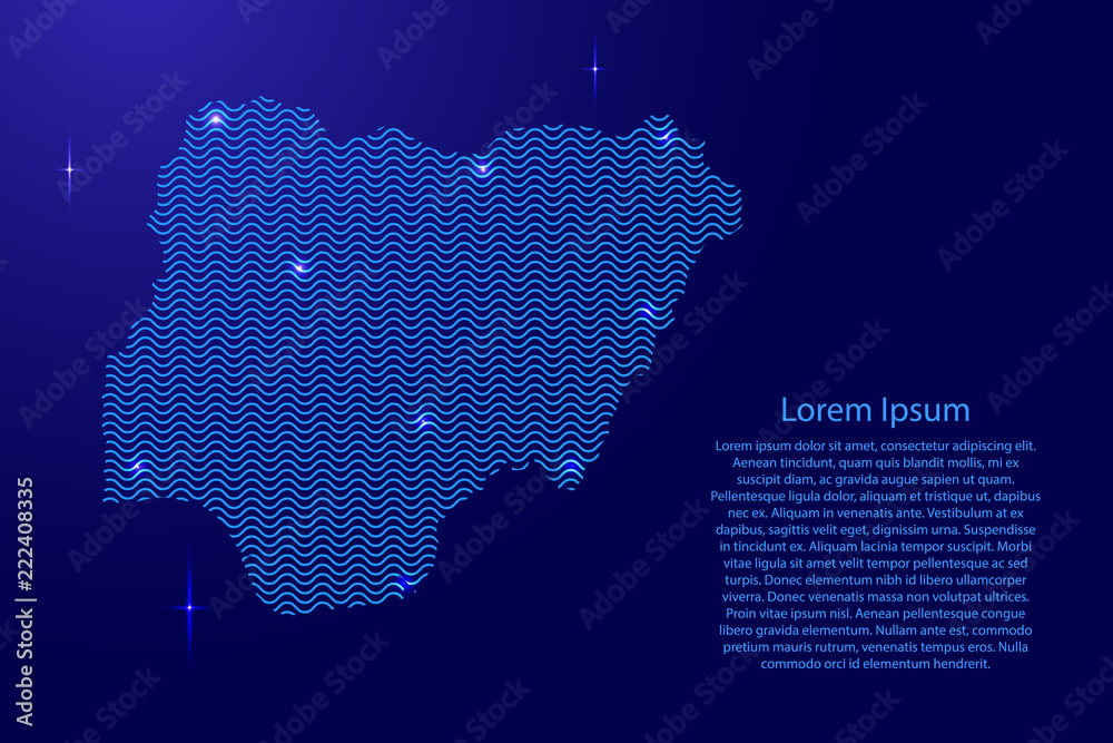 Nigeria map country abstract silhouette from wavy blue space sinusoid lines and glowing stars. Contour state of creative luminescence curve. Vector illustration.