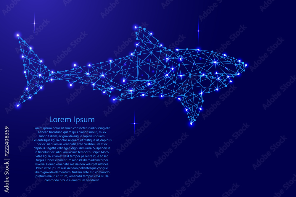 Naklejka premium Shark swimming from futuristic polygonal blue lines and glowing stars for banner, poster, greeting card. Vector illustration.