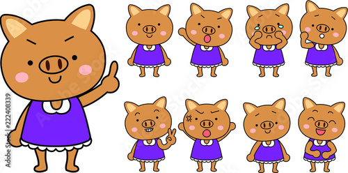 Pig child's emotional expression set