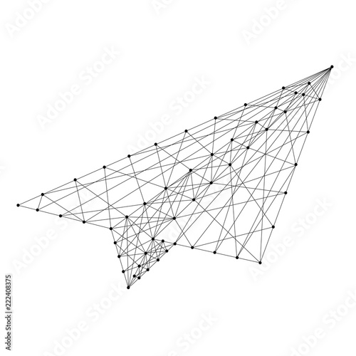 Plane origami paper from futuristic polygonal black lines and dots. Vector illustration.