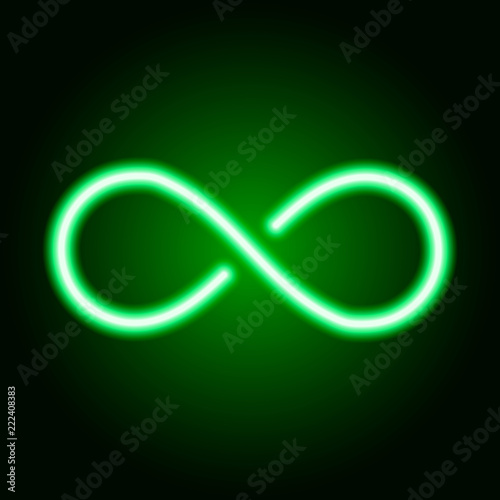 Infinity sign from glowing green neon line. Vector illustration.