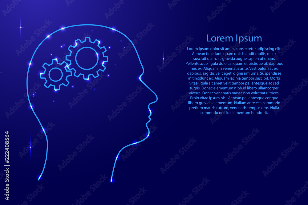 Silhouette of a human head with gears instead of a brain from the contours network blue, luminous space stars for banner, poster, greeting card. Vector illustration.