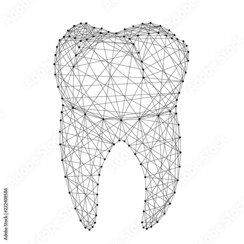 Tooth dental root from abstract futuristic polygonal black lines and dots. Vector illustration.