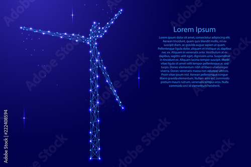 Wind generator mills turbine renewable electrical energy from futuristic polygonal blue lines and glowing stars for banner, poster, greeting card. Vector illustration.
