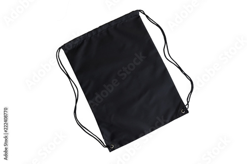 Black drawstring pack template, mockup of bag for sport shoes isolated on white
