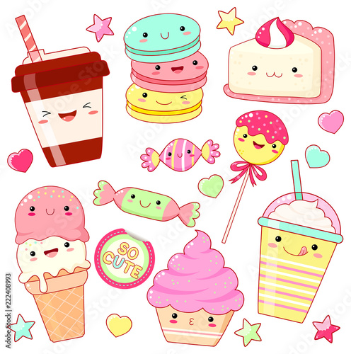 Set of cute sweet icons in kawaii style