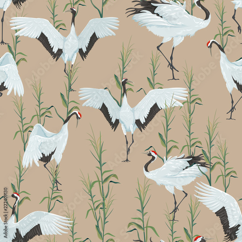 seamless pattern with cranes and reeds