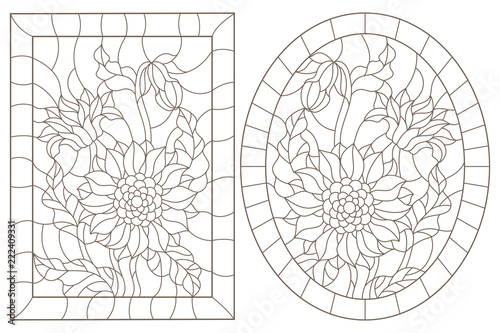 Fototapeta Naklejka Na Ścianę i Meble -  A set of contour illustrations of stained glass Windows with sunflowers in frames, dark contours on a white background, oval and rectangular image
