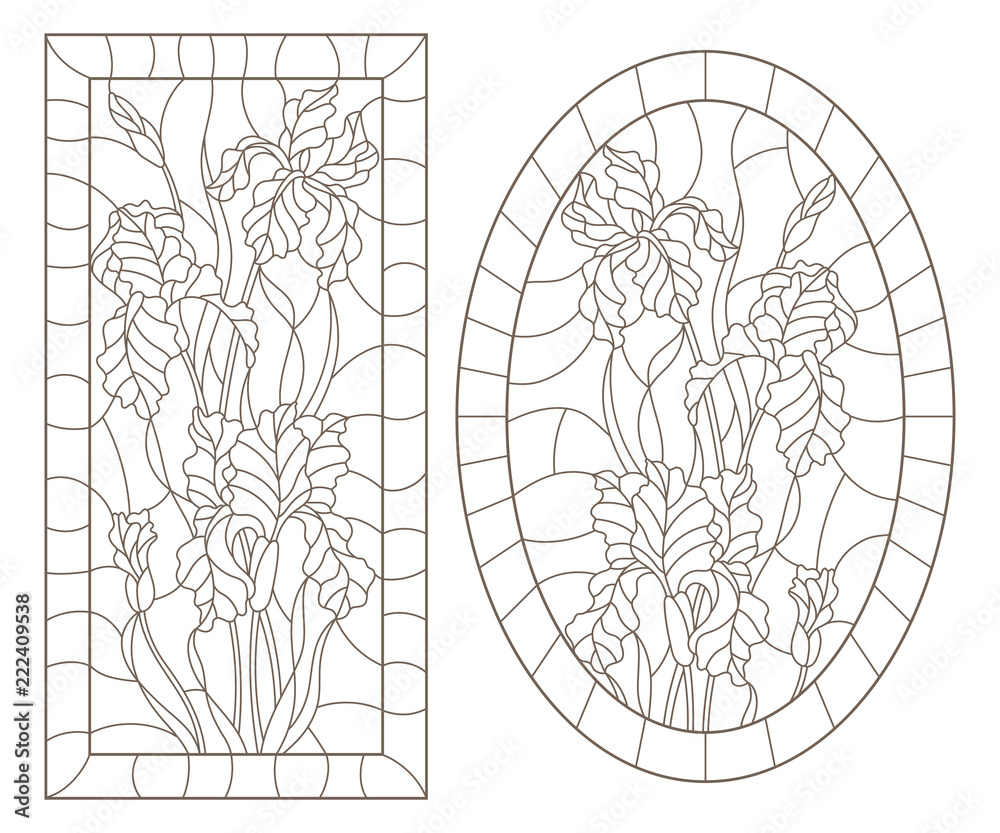 A set of contour illustrations of stained glass Windows with irises in frames, dark contours on a white background, oval and rectangular image A set of contour illustrations of stained glass Windows with irises in frames, dark contours on a white background, oval and rectangular image