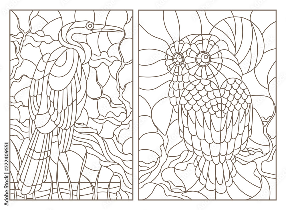 A set of contour illustrations of stained glass Windows with birds, an owl and a Heron on tree branches, dark contours on a white background A set of contour illustrations of stained glass Windows with birds, an owl and a Heron on tree branches, dark contours on a white background