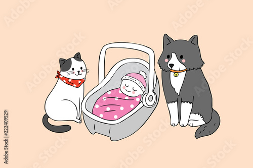 Cartoon cute cat and dog and baby vector.