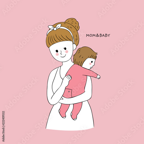 Cartoon cute mom and baby burping vector.