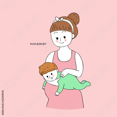 Cartoon cute mom and baby burping vector.