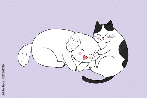 Cartoon cute cat and dog sleeping vector.