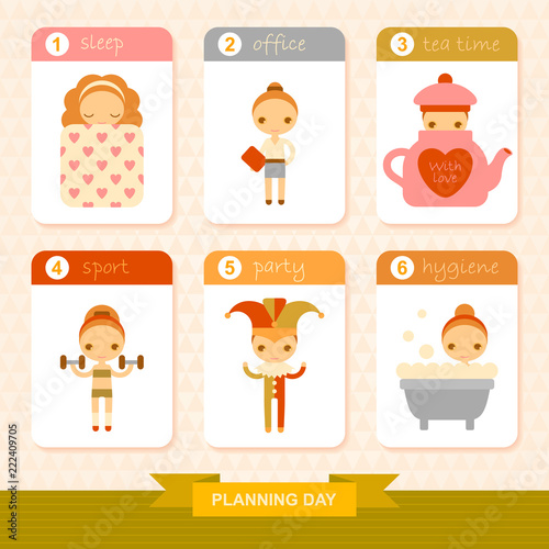 set of vector templates with cartoon planning day illustrations