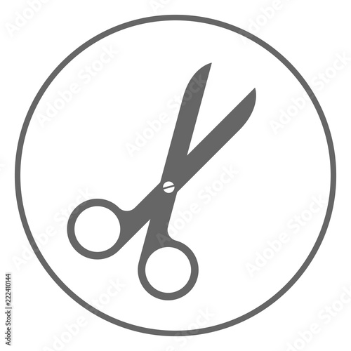 Scissors in circle. Cut button. Vector icon.