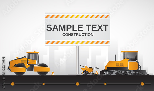 Paving roller with asphalt compactor, construction equipment for road repair.