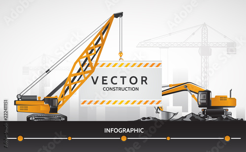 Excavator with boom crane, construction equipment.