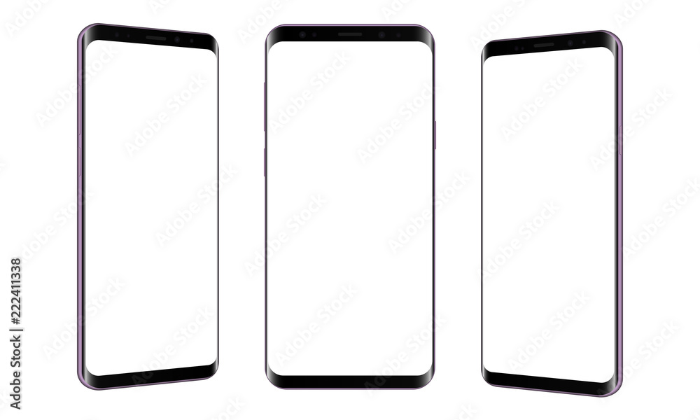 Set of modern frameless smartphones isolated on white background. Cellphones with front and side views. Vector illustration Set of modern frameless smartphones isolated on white background. Cellphones with front and side views. Vector illustration