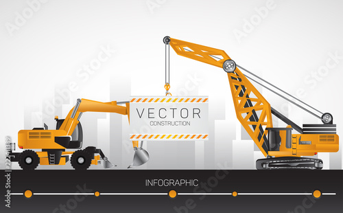 Excavator with boom crane, construction equipment.