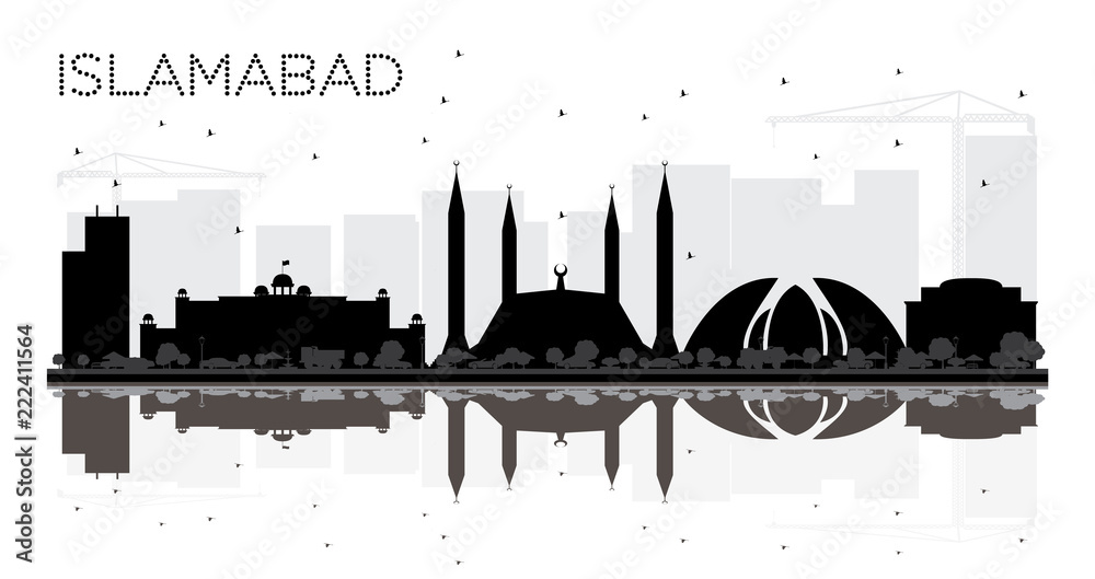 Islamabad Pakistan City skyline black and white silhouette with Reflections.