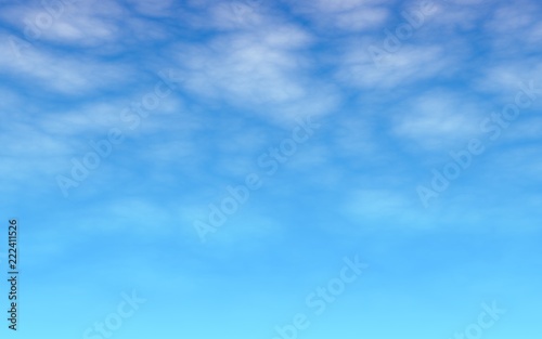 The bright sky in the morning. Blue sky background with white clouds. Cumulus white clouds in the clear blue sky. 3D illustration