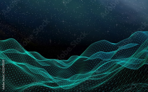 Star horizon. Abstract landscape on a dark background. Cyberspace grid. Hi-tech network. Outer space. Starry outer space texture. 3D illustration