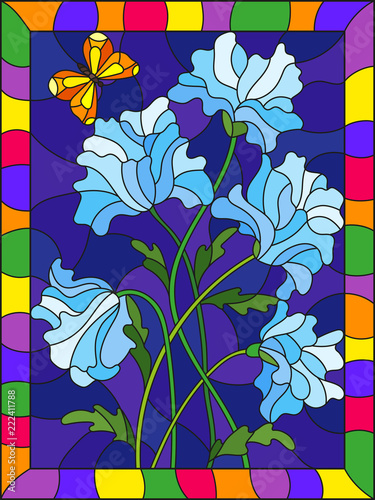 Illustration in stained glass style with blue abstract flowers and a butterfly on a blue background in a bright frame