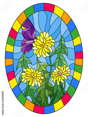 Fototapeta Naklejka Na Ścianę i Meble -  Illustration in stained glass style flower of Taraxacum and purple butterfly on a blue background,oval image in bright frame 