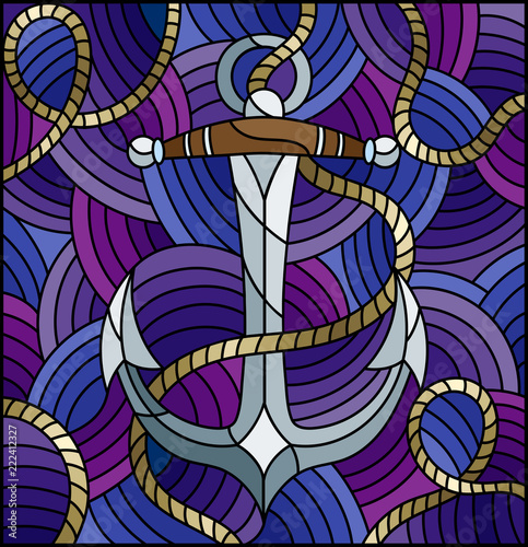 Illustration in stained glass style with ship anchor and rope on the background of waves