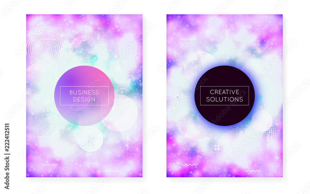 Bauhaus cover set with liquid shapes. Neon luminous  background with fluorescent purple. Graphic template for flyer, ui, magazine, poster, banner and app. Iridescent bauhaus cover set.