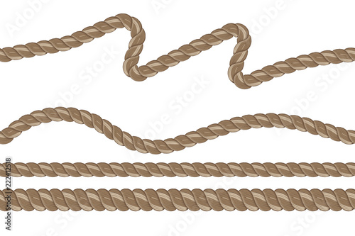 vector seamless sea rope of different thickness, curved wave, isolated on white background. hand made