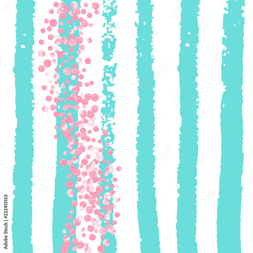 Wedding glitter confetti with dots on turquoise stripes. Falling sequins with glossy sparkles. Design with pink wedding glitter for party invitation, banner, greeting card, bridal shower.