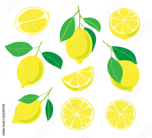 Collection of lemons with leaves and lemon slices isolated on white background. Elements for design.
