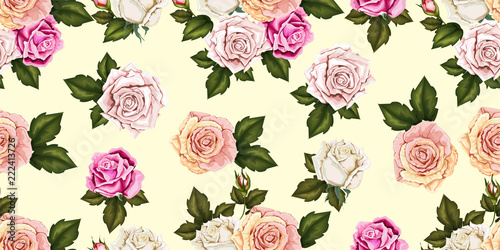 Seamless pattern rose with flowers bud and leaves on blue background